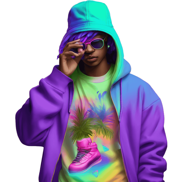 Multicoloured neon person smoking wearing hoodie dancing hip hop bucket hat tropical Skater fashion aesthetic baggy clothes graphic t shirt 420 emoji