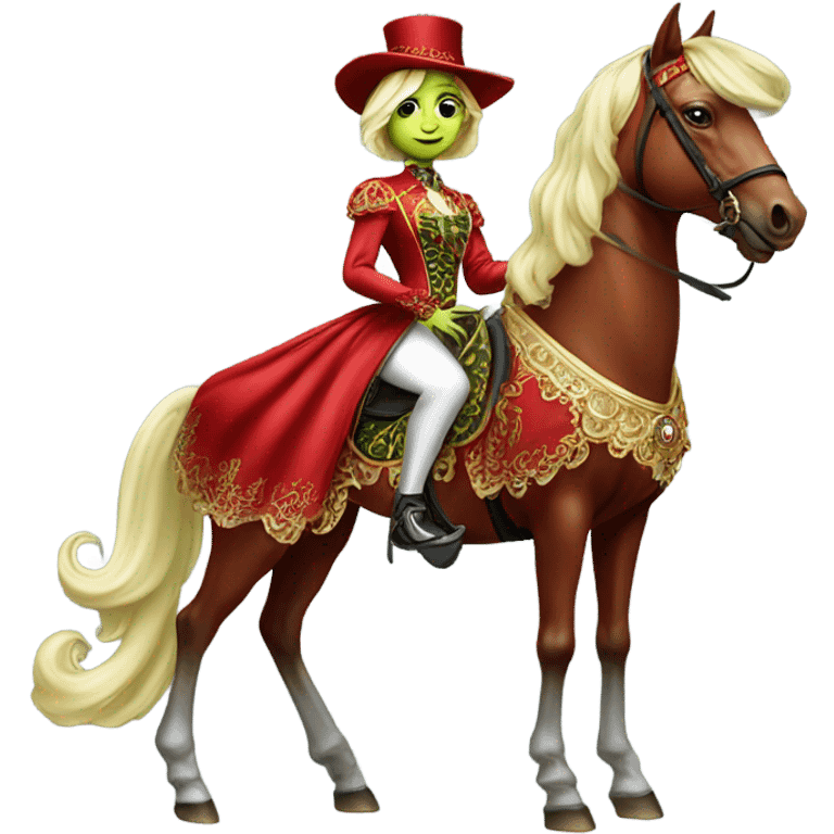 "galora green blonde alien woman" in red Victorian elegant dress, full body, rides "horse gold and white"
 emoji