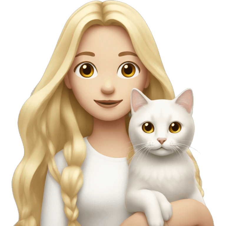 Girl with long blond hair holding a white cat emoji