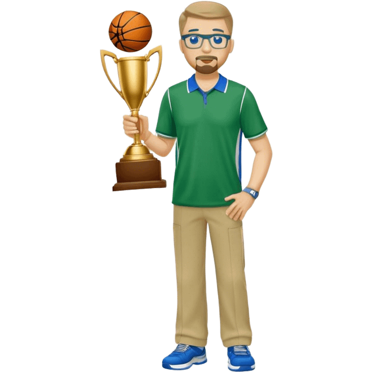 full body white  male basketball coach with trophy. Goatee , Wearing glasses and blue and green polio and khaki pants emoji