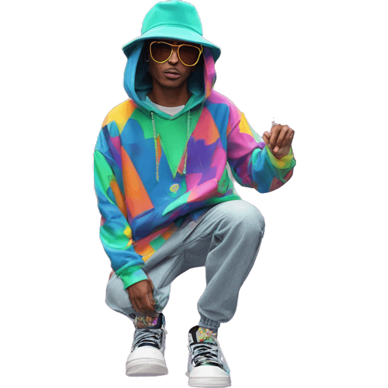 Multicoloured neon person smoking wearing patchwork patterned hippie groovy retro hoodie dancing hip hop bucket hat tropical Skater fashion aesthetic baggy clothes graphic t shirt 420 emoji