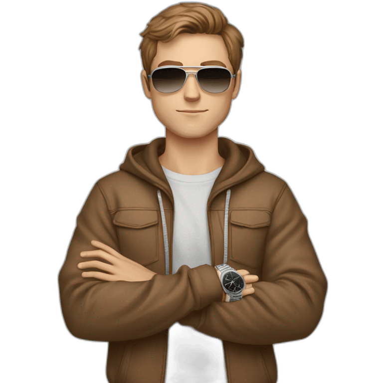 young white male with brown hair and brown eyes, wearing light brown Hoodie, having pilot sunglasses, while having crossed arms and having silver rolex on whrist emoji