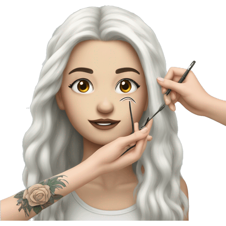 Long haired white tattooed girl putting eyelashes on another girl  emoji