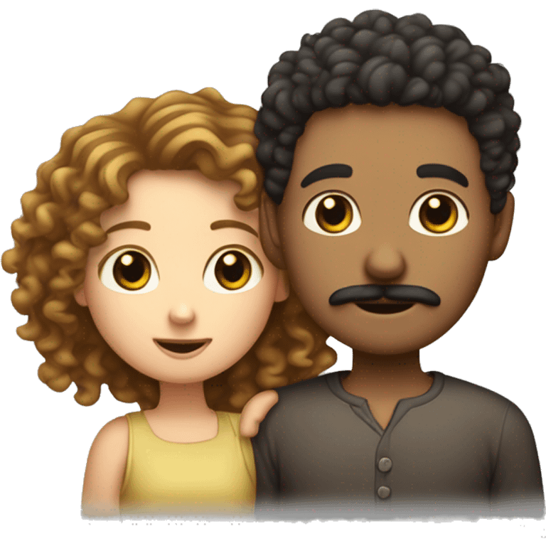 Curly hair white boy with a mustache and goatee hugging a girl with straight clack hair and a slightly darker skin color than him and a heart in the emoji emoji