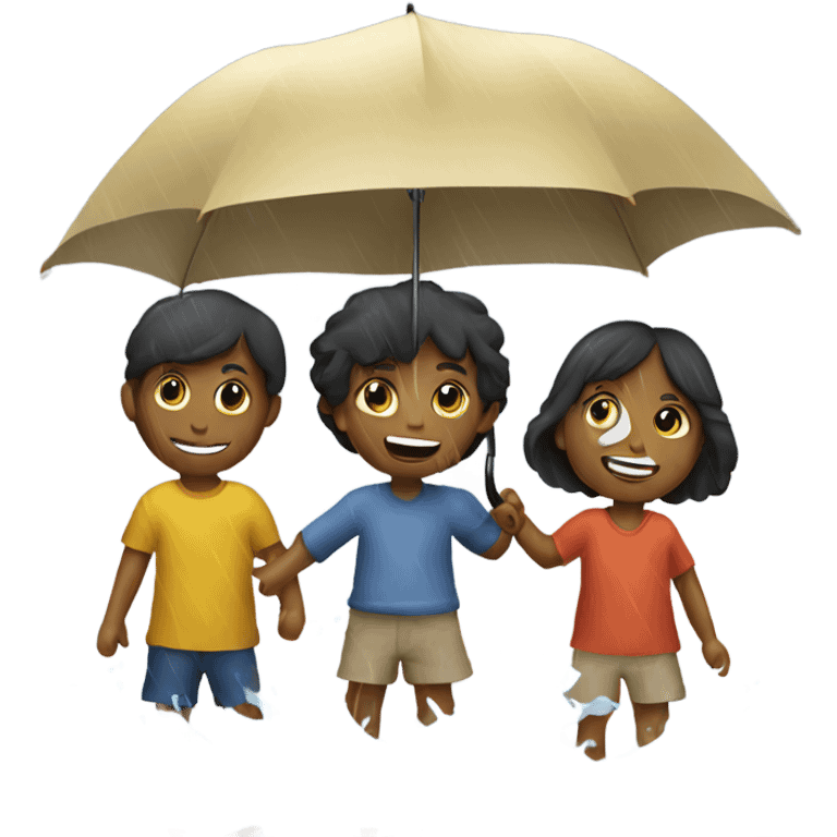 3 kids with a umbrella playing with a paper ship in the rain emoji