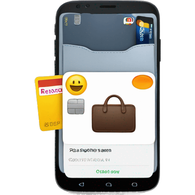 featuring a sleek smartphone displaying a wallet app with a partially visible credit card. emoji