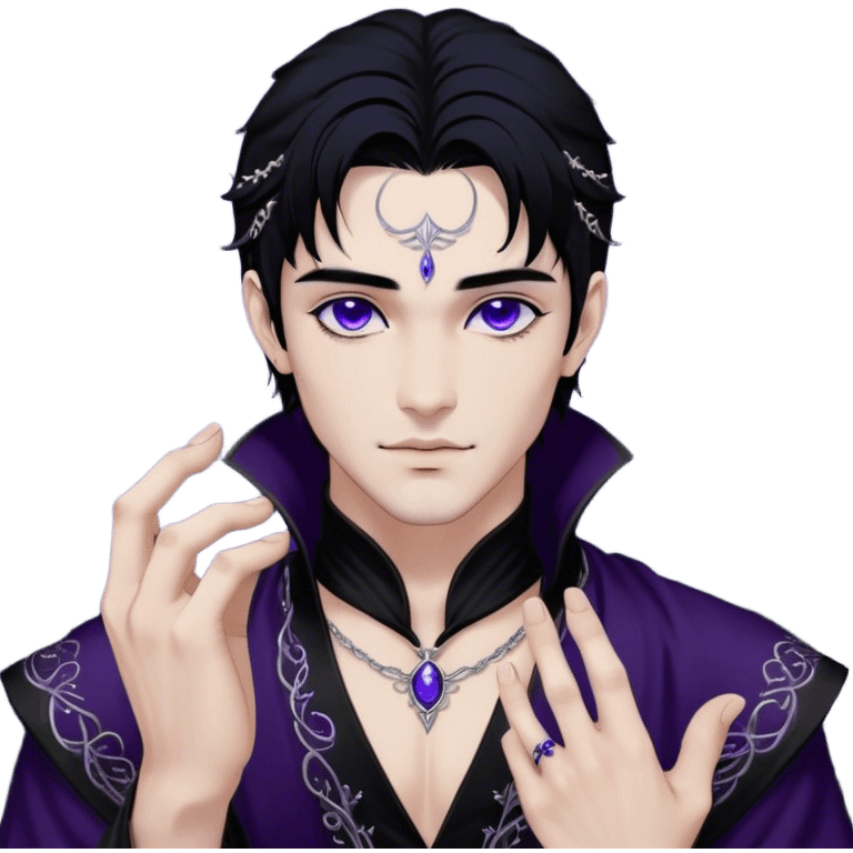 A strikingly handsome High Fae male with midnight-black hair, piercing violet eyes that glow under the moonlight. His lips curve into a knowing smirk, revealing a dangerous charm. He wears an elegant black tunic with silver embroidery, the fabric flowing like liquid shadow. A silver ring glints on his long fingers, and faint wisps of darkness swirl around his shoulders like living mist emoji