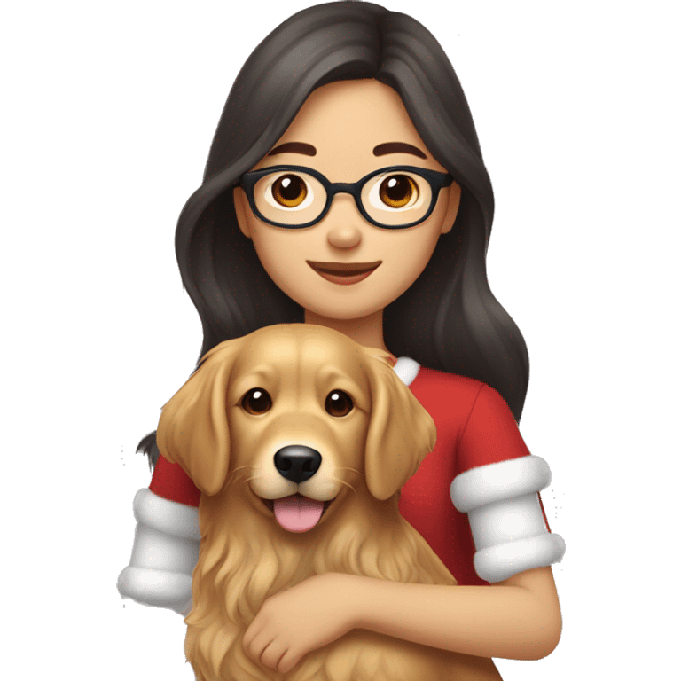 christmas Asian Girl with long wavy dark brown hair and medium brown eyes and eyeglasses holds her pet golden retriever emoji