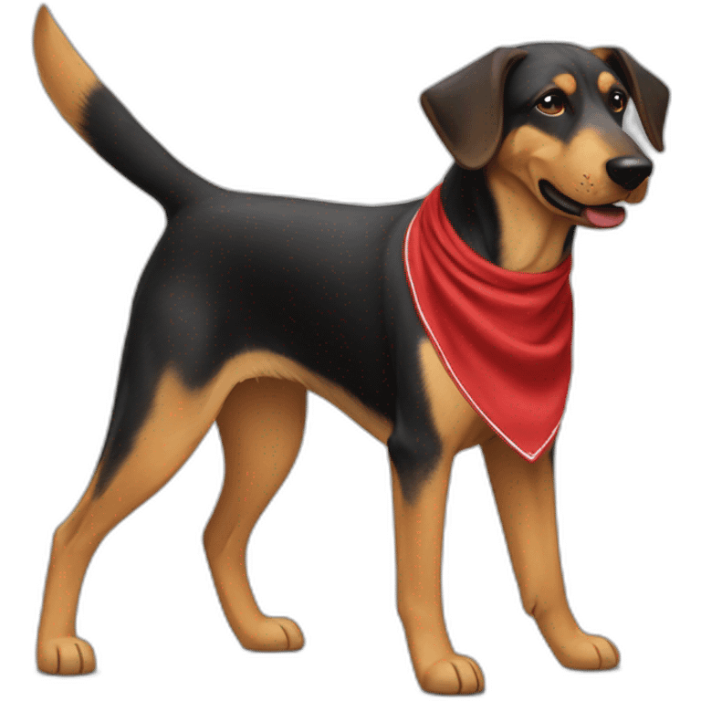 coonhound and German shepherd mix dog wearing red bandana and walking left emoji