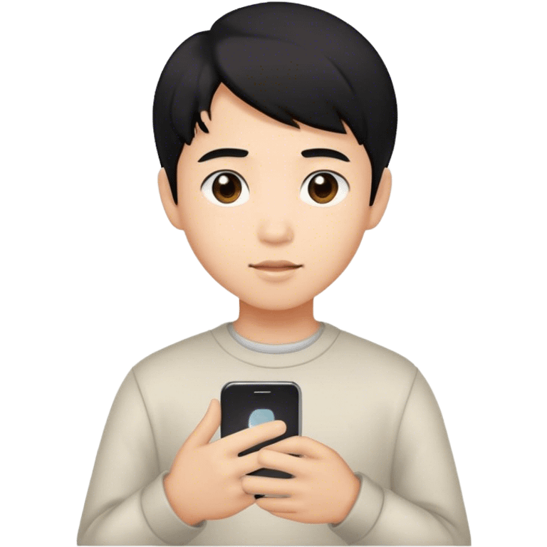 cute asian boy whit a brown eyes, black hair, whit a phone in a hand  emoji