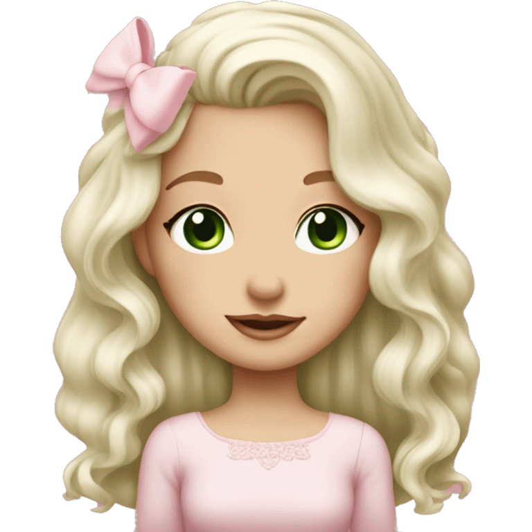 pale blonde girl with long platinum white wavy hair with bright green eyes and wearing a light pink hair bow  emoji