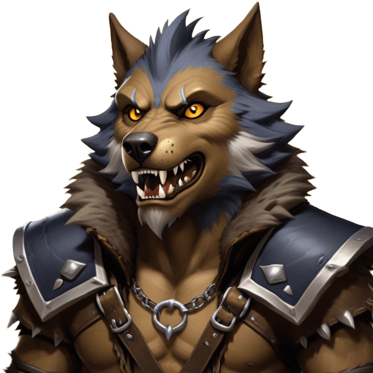 Cinematic Realistic WoW Worgen Portrait, head tilted dramatically with an exaggeratedly amused expression, blending ferocious beastliness with a touch of unexpected humor. His rugged fur, tanned skin, and worn leather garments are rendered with meticulous detail and dynamic lighting, high shine, dramatic yet whimsical, capturing the essence of a worgen whose epic might is tempered by a playful, irreverent charm. emoji