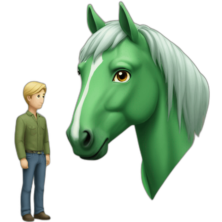 a green horse looking into a normal guy emoji