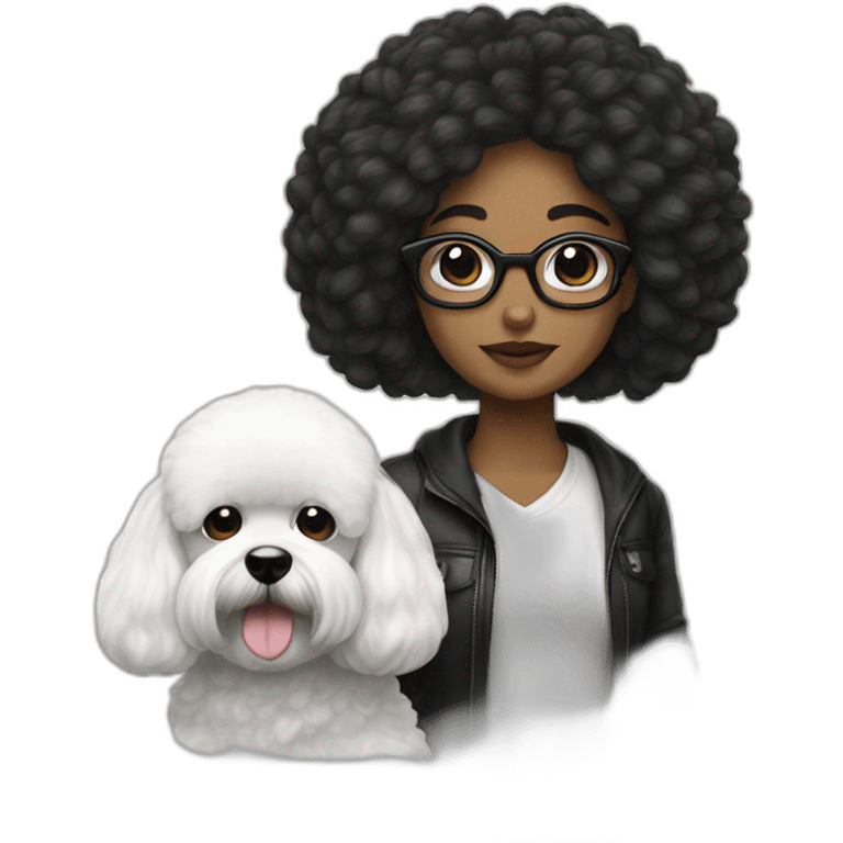 mujer pelo largo negro con gafas y perro bichon blanco emoji