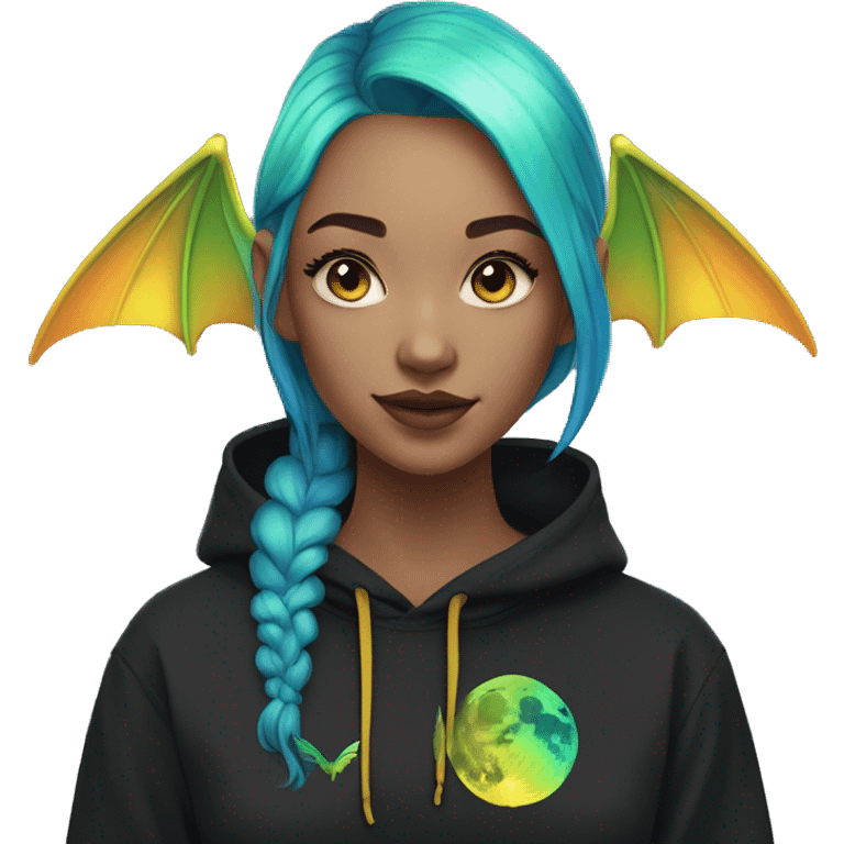 Lady with brunette and iridescent blue hair, gold, lime green dragon wings, black hoodie, oilslick holographic, black and gold Nike t shirt, and bright red eyes emoji