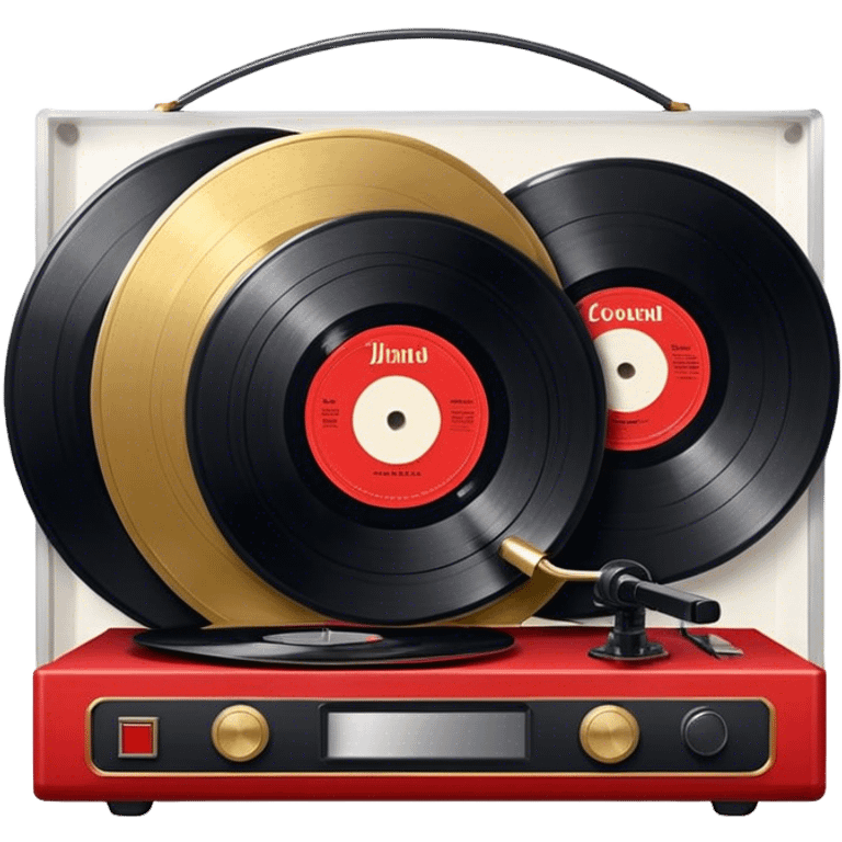 Icon for Vinyl Record Collecting: large black, golden and red vinyl records in decorative packaging featuring artist images, neatly arranged on a wall or shelf, modern vinyl record player. The icon should reflect the aesthetic and artistic aspect of collecting vinyl records. Transparent background. emoji