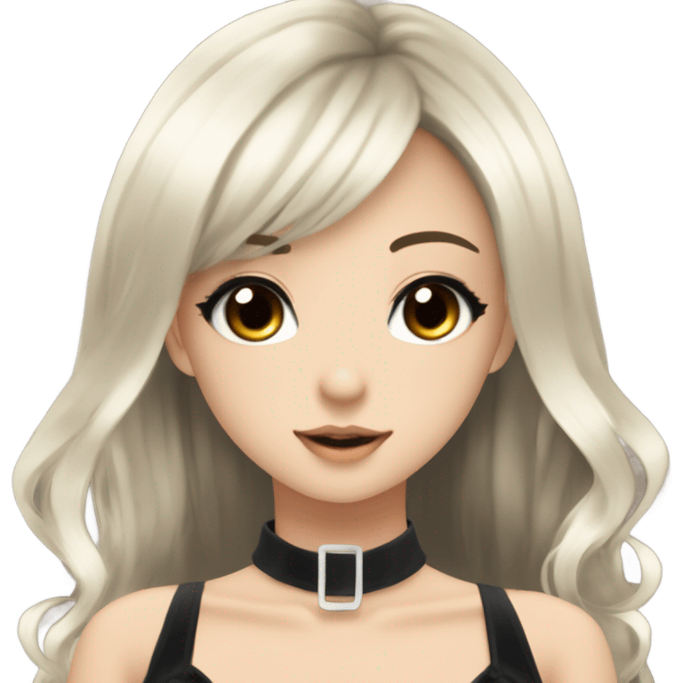 hime gyaru girl with LONG SILKY BLACK HAIR, with black satin halter top with chest, very pale skin and pretty brown monolid eyes emoji