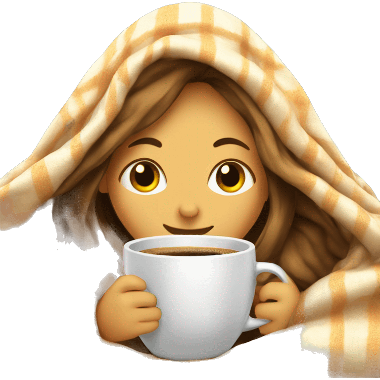 girl inside a blanket sipping coffee eyes closed, white  emoji