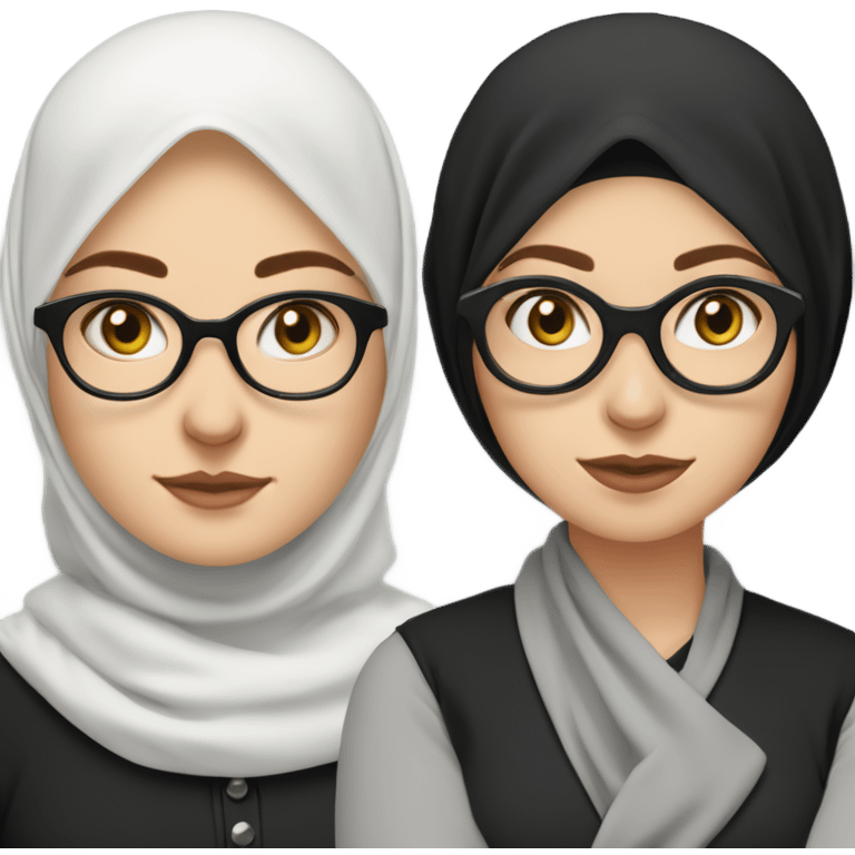 White girl wearing black hijab with cat eye glasses and there are moles on her chin and under the right eye. half body photo using gamis emoji