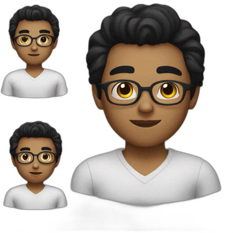 A young man with black eyes and black hair, glasses and a shirt emoji