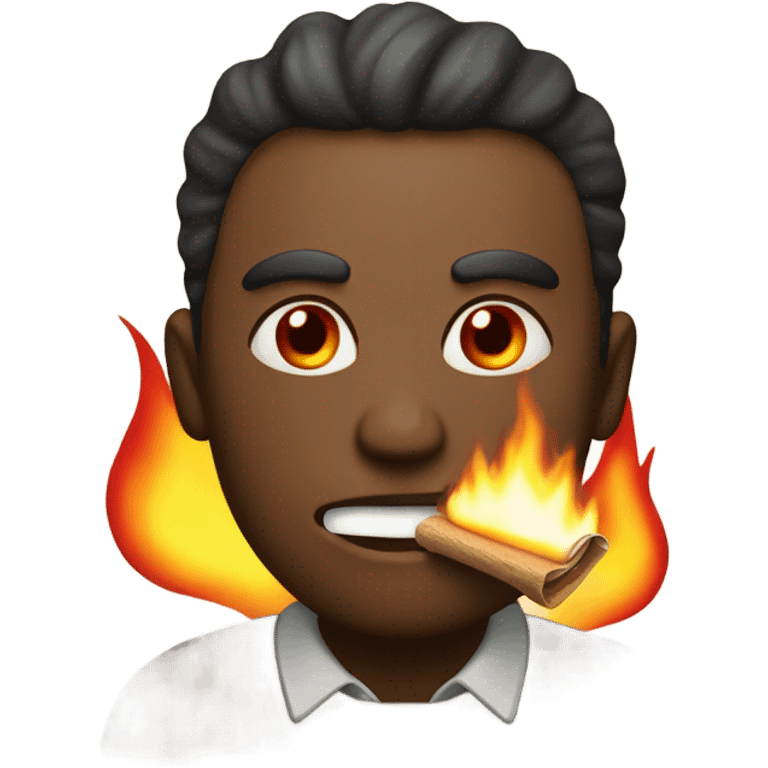 Make a man with red eyes with a brown rolled piece of paper in his mouth lit on fire   emoji