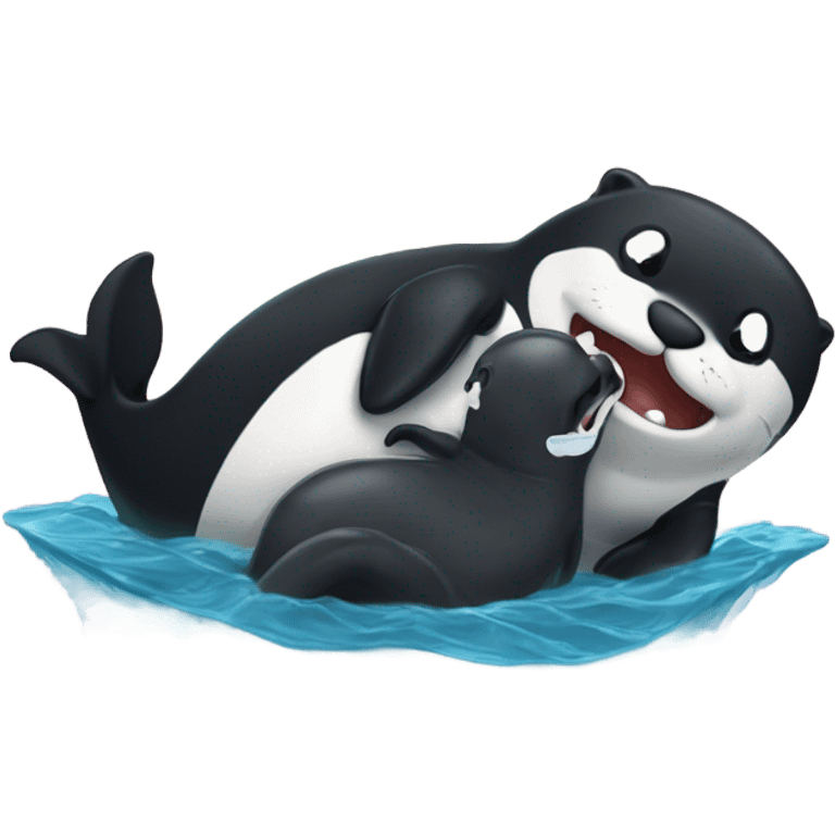 Otter being woken up by an orca whale emoji