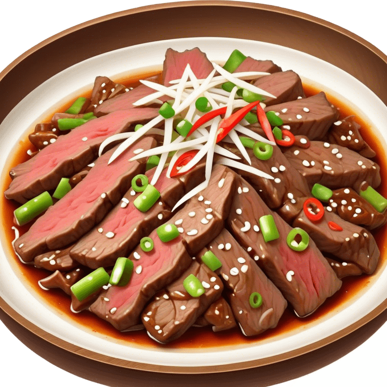 Bulgogi Cinematic Realistic Bulgogi Dish Emoji, depicted as thinly sliced, marinated beef stir-fried to perfection, rendered with dynamic textures and vibrant, appetizing lighting. emoji