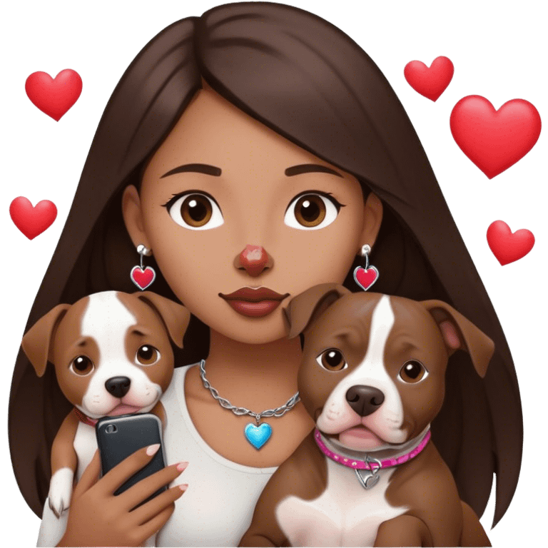 Young girl was long, dark brown hair sits with her dog who is a pretty girl pitbull with her cell phone in her hand in a small septum ring in her nose was hearts flying all around her emoji