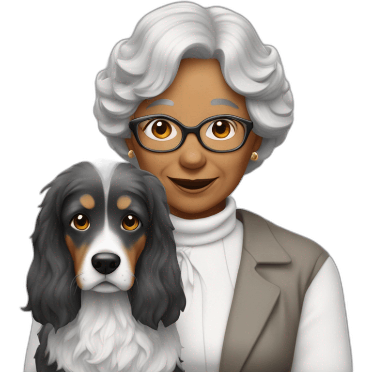 Chien gris avec une grand mère aux cheveux noirs emoji