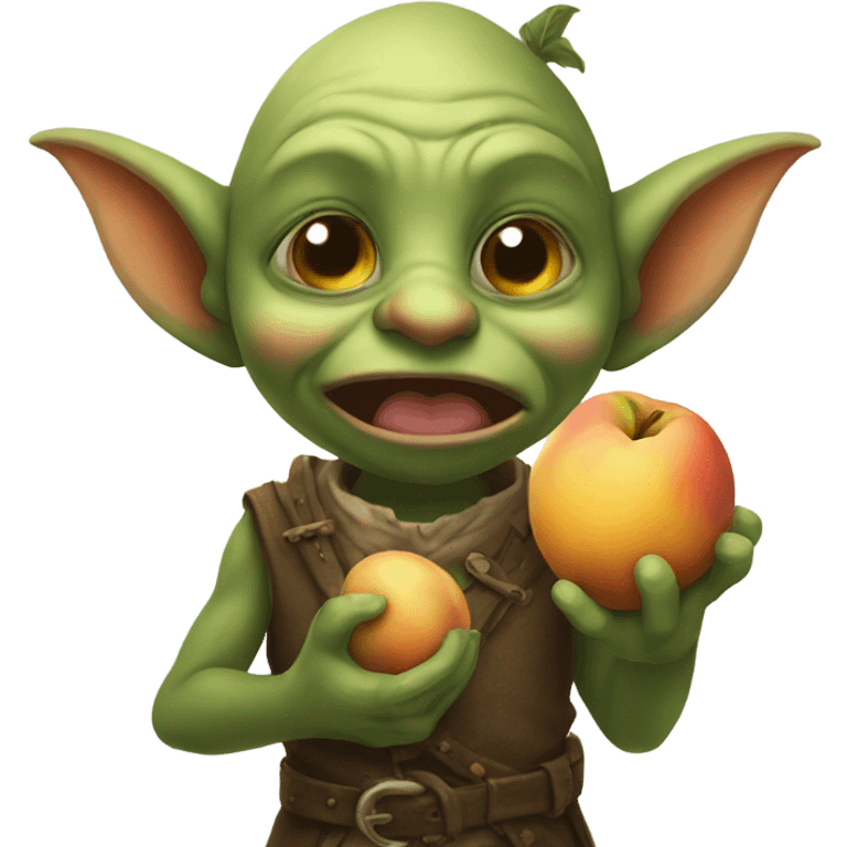 A little goblin holding a peach up to his mouth emoji