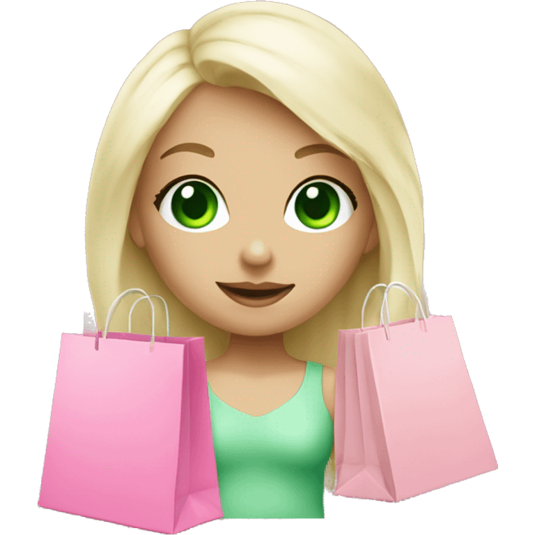 cute platinum blonde with green eyes surrounded by pink shopping bags emoji