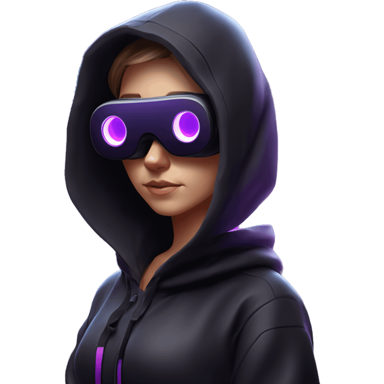 Russian girl wearing black hoody with violet letters "OMG", in vr headset oculus quest2. Standing like jedi. Cyberpunk style. Violet neon. emoji