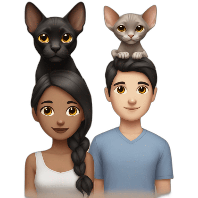 short black hair girl and brown hair boy with their two sphynx cats emoji