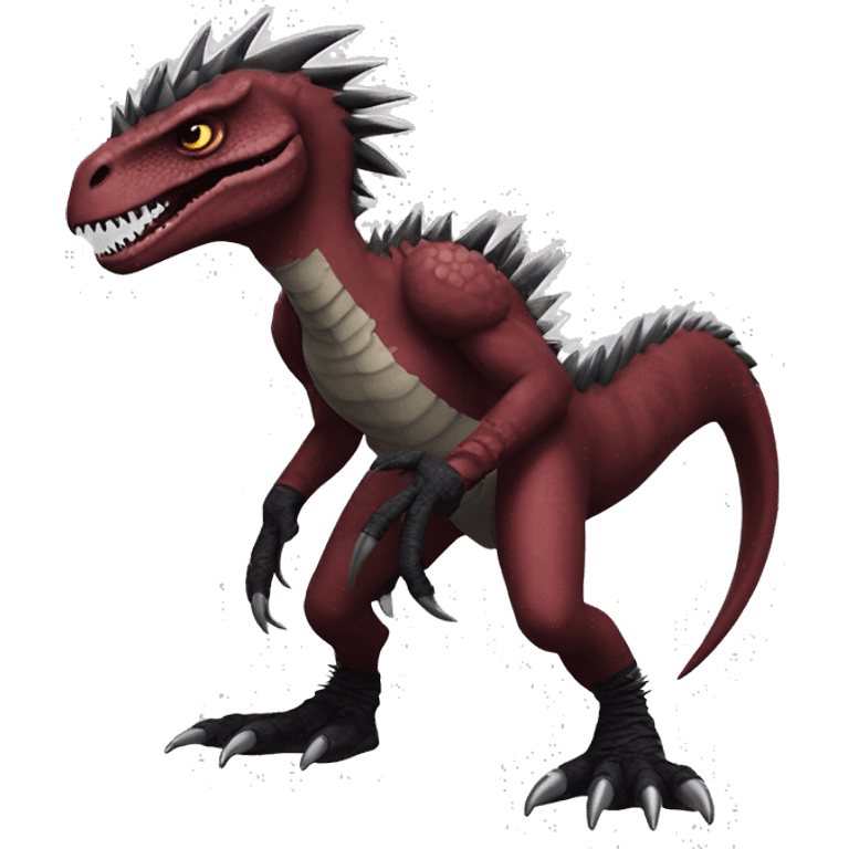 Maroon edgy badass modern sexy handsome punk velociraptor-dragon-Digimon, with black spiky mane, full body emoji