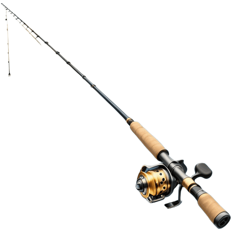 Cinematic Realistic Fishing Rod, sleek graphite rod with a smooth, polished reel, thin line disappearing into a shimmering lake, warm golden sunlight reflecting off the water, glowing with a tranquil and adventurous aura. emoji