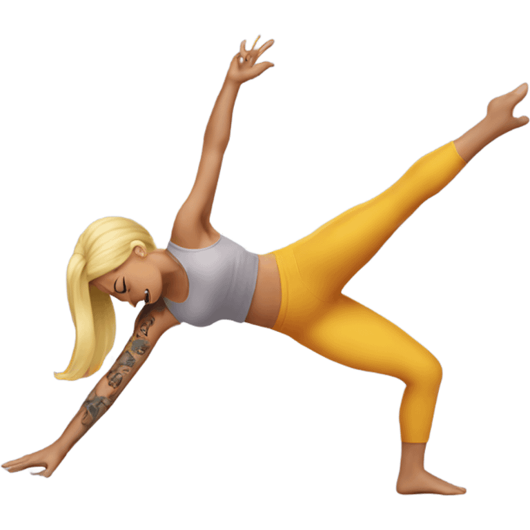 Blonde woman with arm tattoo doing a backbend emoji