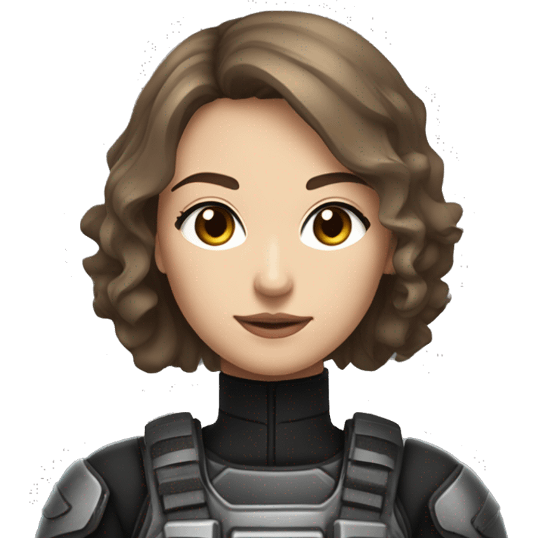 A young woman with a petite and slender build, pale, hazel eyes, and brown hair with a silver strand. She’s wearing black, tactical battle gear. emoji