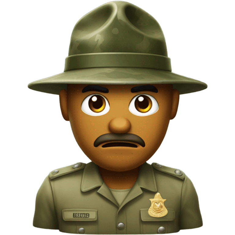 drill sergeant character wearing a classic sergeant hat and a camouflage army shirt. The character should have an angry intense expression. full torso emoji