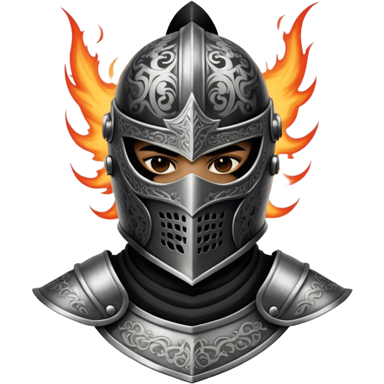 A masked knight with intricate black engravings on his steel helmet, eyes glowing with fury emoji