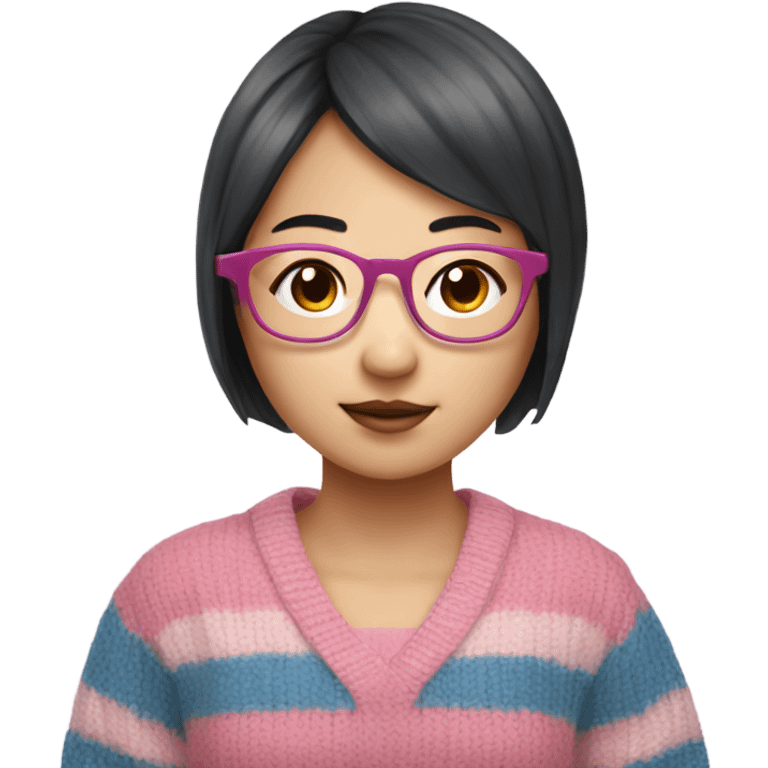 A Short hair asian girl with blue pink stripe knit with glasses on is studying emoji