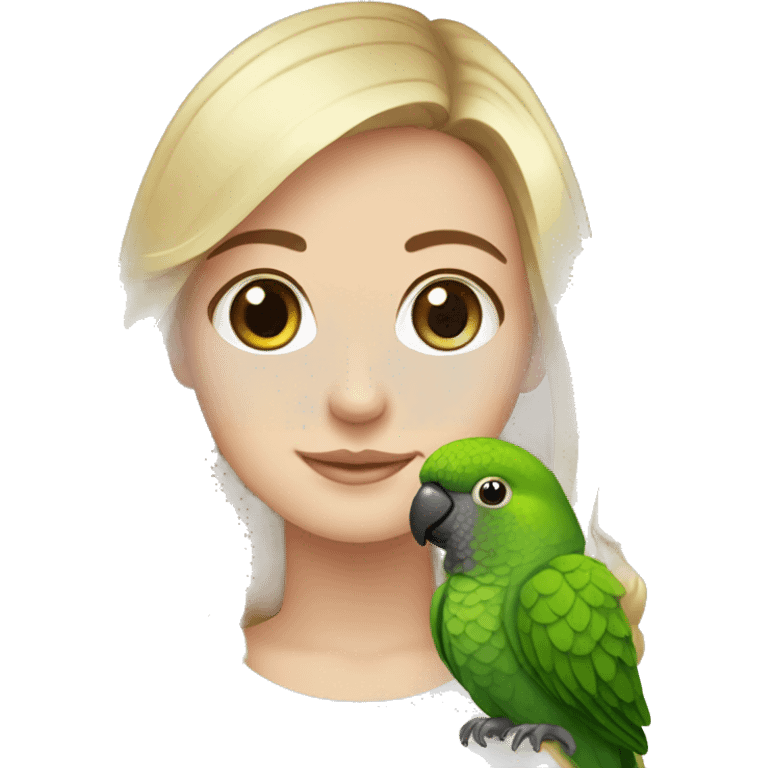 White girl with green cheek conure emoji