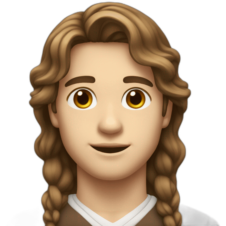 Young men (teenager) type italian, White skin, with long wavy brown hair (Which go down behind to the nape of the neck), Little bit dezoom emoji