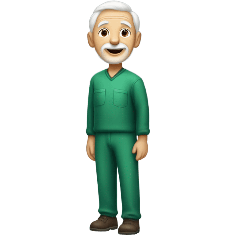 A very old man with a small white beard and has very little hair that is white, the man has peach skin, and he is wearing a green jumpsuit that has the numbers 001 on it and the man is smiling emoji