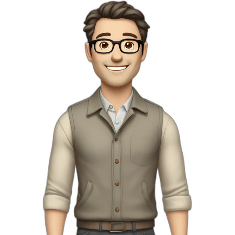 Joyful Full height Pale skinned Fit Man With dark brown hair in gray jacket, beige office shirt, Brown pants and vintage glasses. His thrumbs up emoji