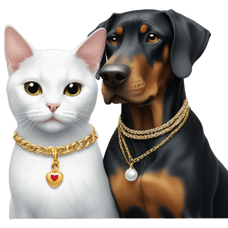 White cat with necklace sitting with Doberman emoji