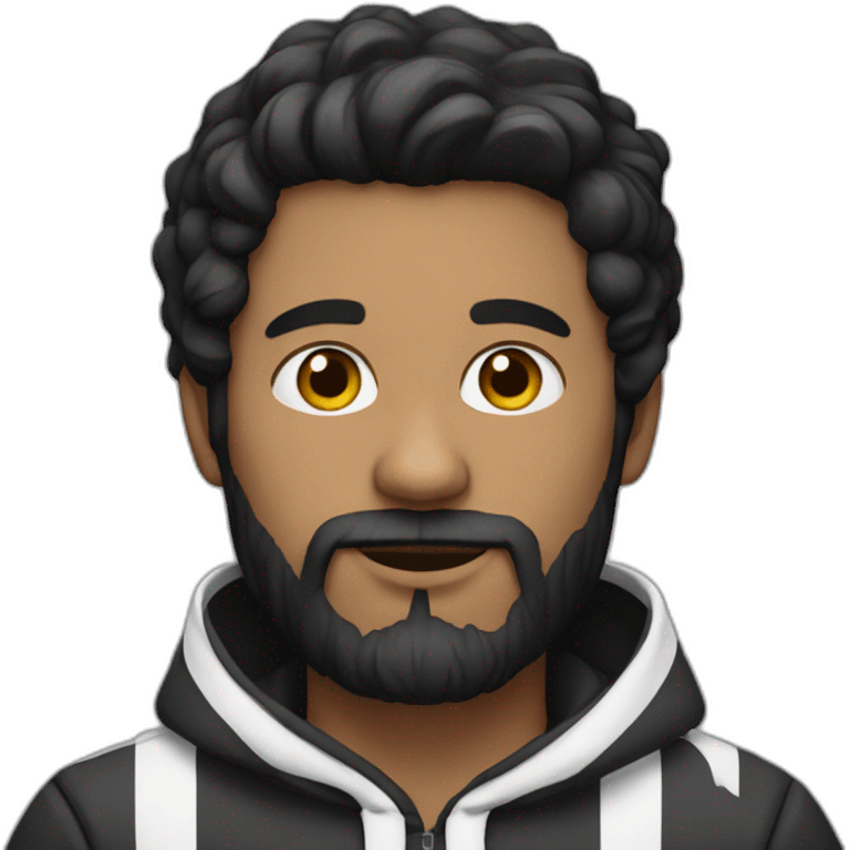 Man with dark hair and beard, black and white striped hoodie emoji