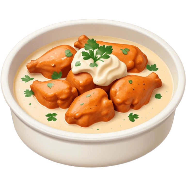 Butter Chicken Cinematic Realistic Butter Chicken Dish Emoji, depicted as tender chicken pieces sliced up and bathed in a creamy white sauce garnished with fresh cilantro, rendered with rich textures and vibrant, appetizing lighting. emoji