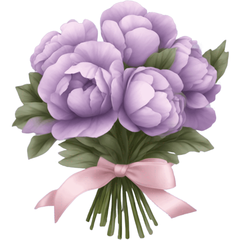 A bouquet of soft lavender pansies and blush pink peonies wrapped in silky violet ribbon emoji