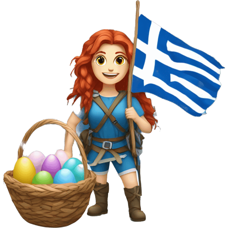 Greek Female winter mountaineer red hair white skin climbing with Greek Flag and Easter eggs basket emoji