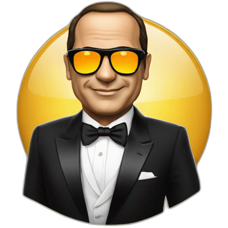 Satirical cartoon Egyptian President Al Sisi in a tuxedo wearing sun glasses with egyptian flag emoji